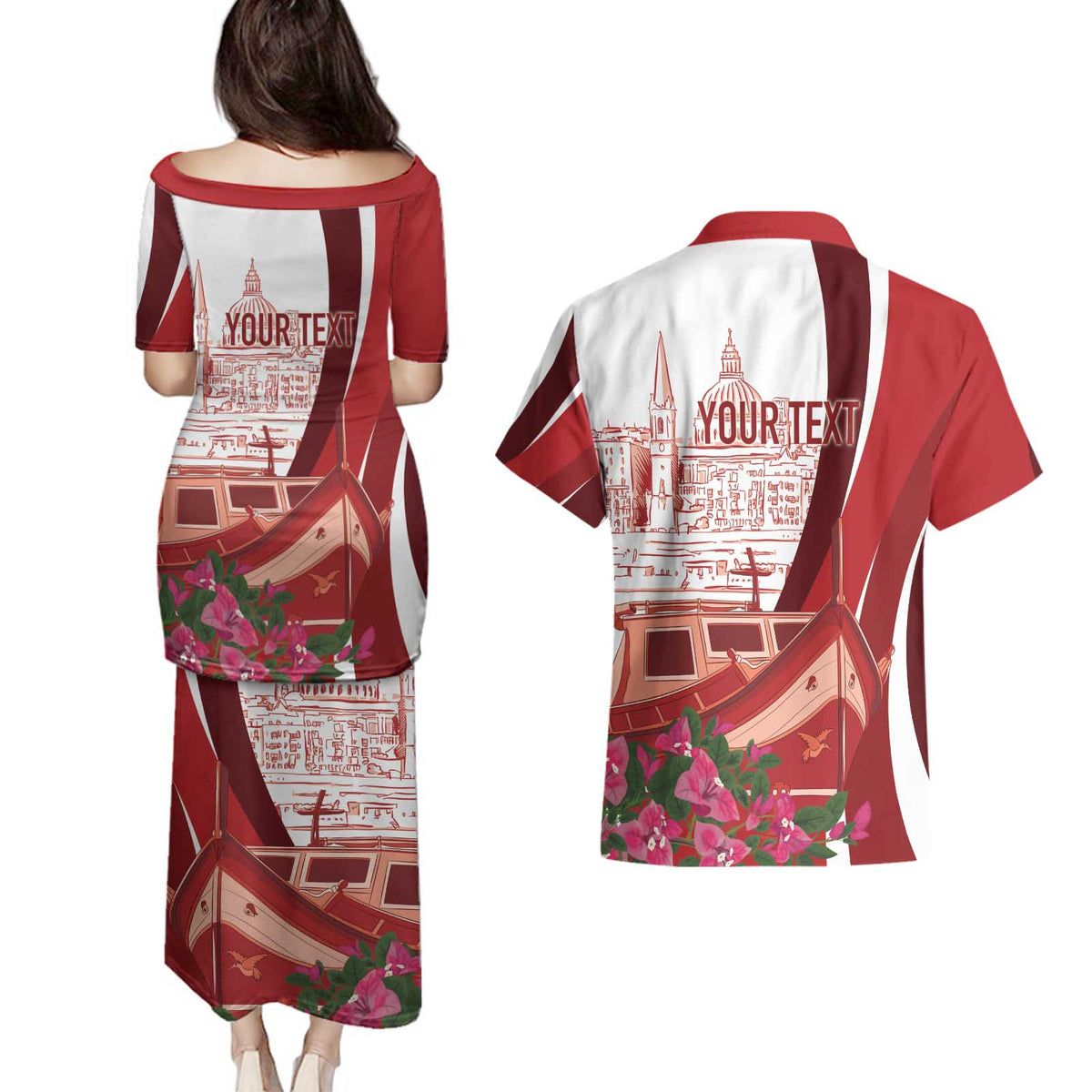 Inhobbok Malta Personalized Couples Matching Puletasi and Hawaiian Shirt Valetta Scenery