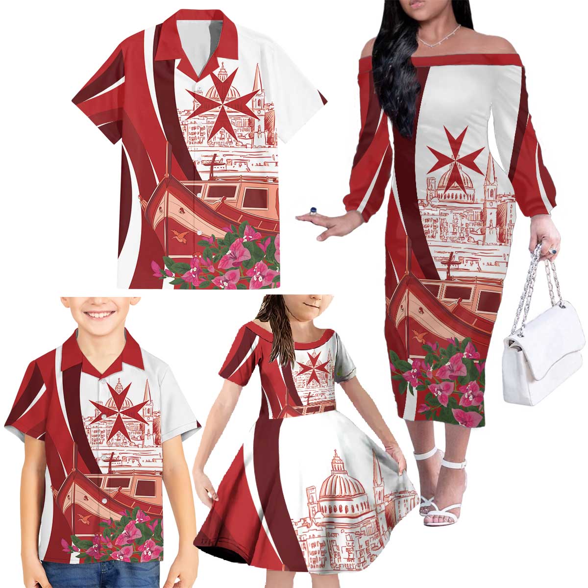 Inhobbok Malta Personalized Family Matching Off The Shoulder Long Sleeve Dress and Hawaiian Shirt Valetta Scenery