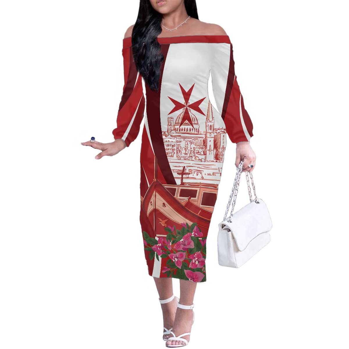 Inhobbok Malta Personalized Family Matching Off The Shoulder Long Sleeve Dress and Hawaiian Shirt Valetta Scenery