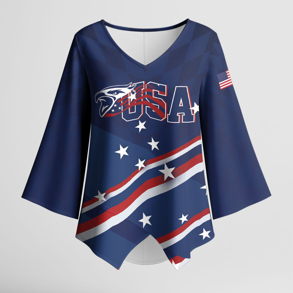 USA Custom Rugby Stars Motif Kimono Sleeve Blouse GO Eagles