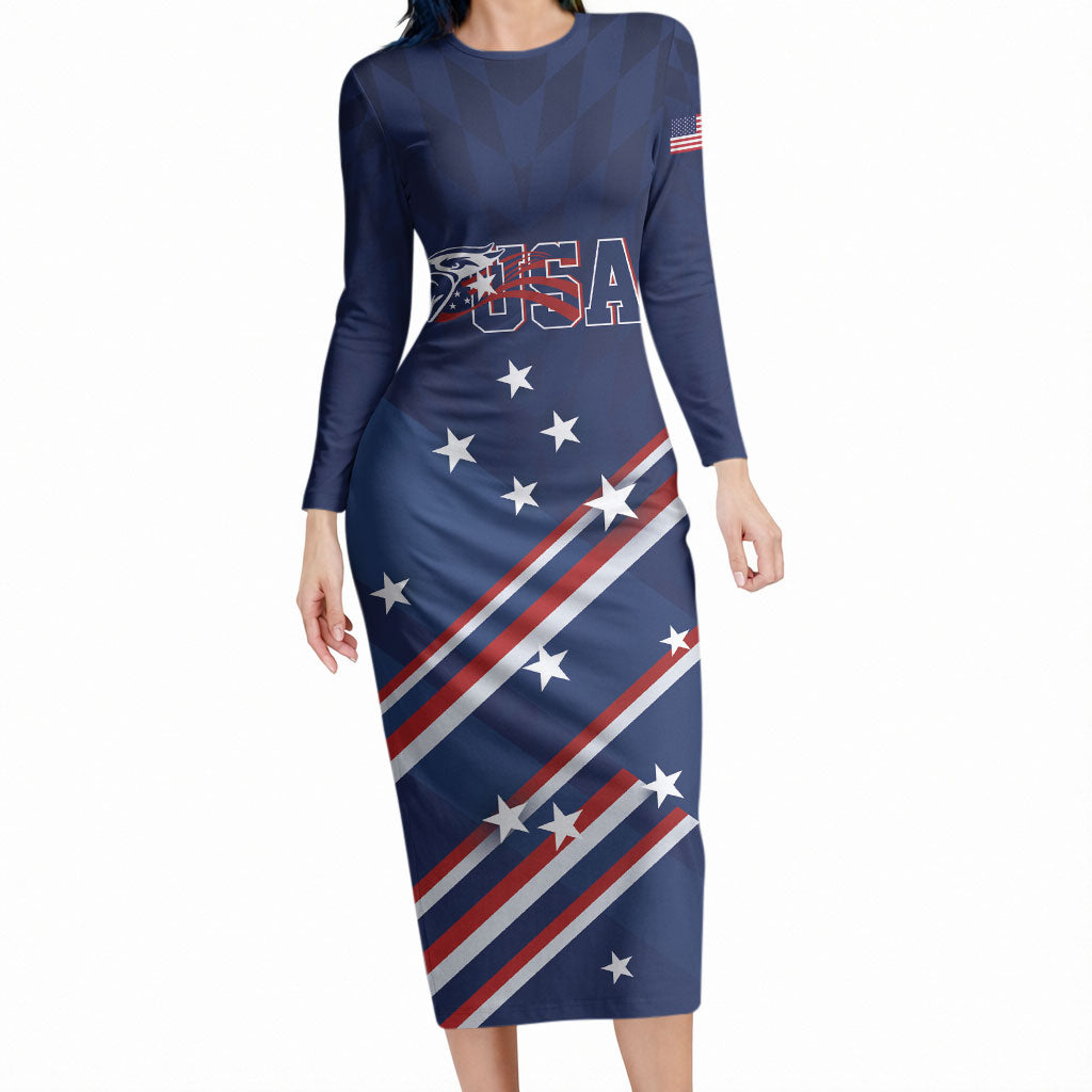 USA Custom Rugby Stars Motif Long Sleeve Bodycon Dress GO Eagles
