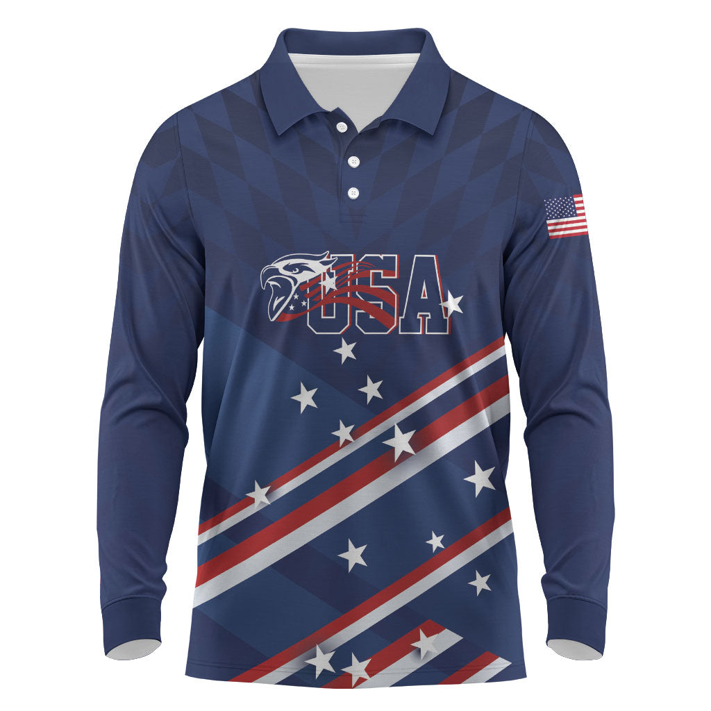 USA Custom Rugby Stars Motif Long Sleeve Polo Shirt GO Eagles