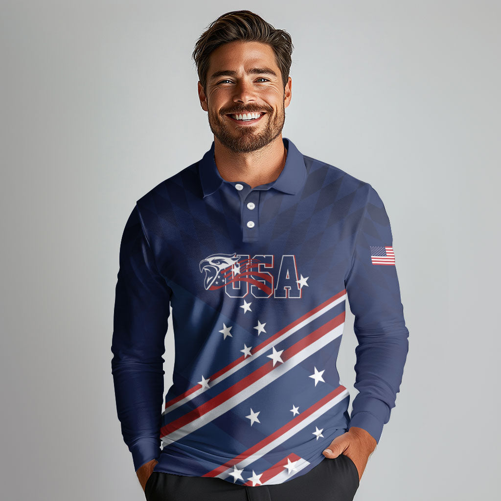 USA Custom Rugby Stars Motif Long Sleeve Polo Shirt GO Eagles