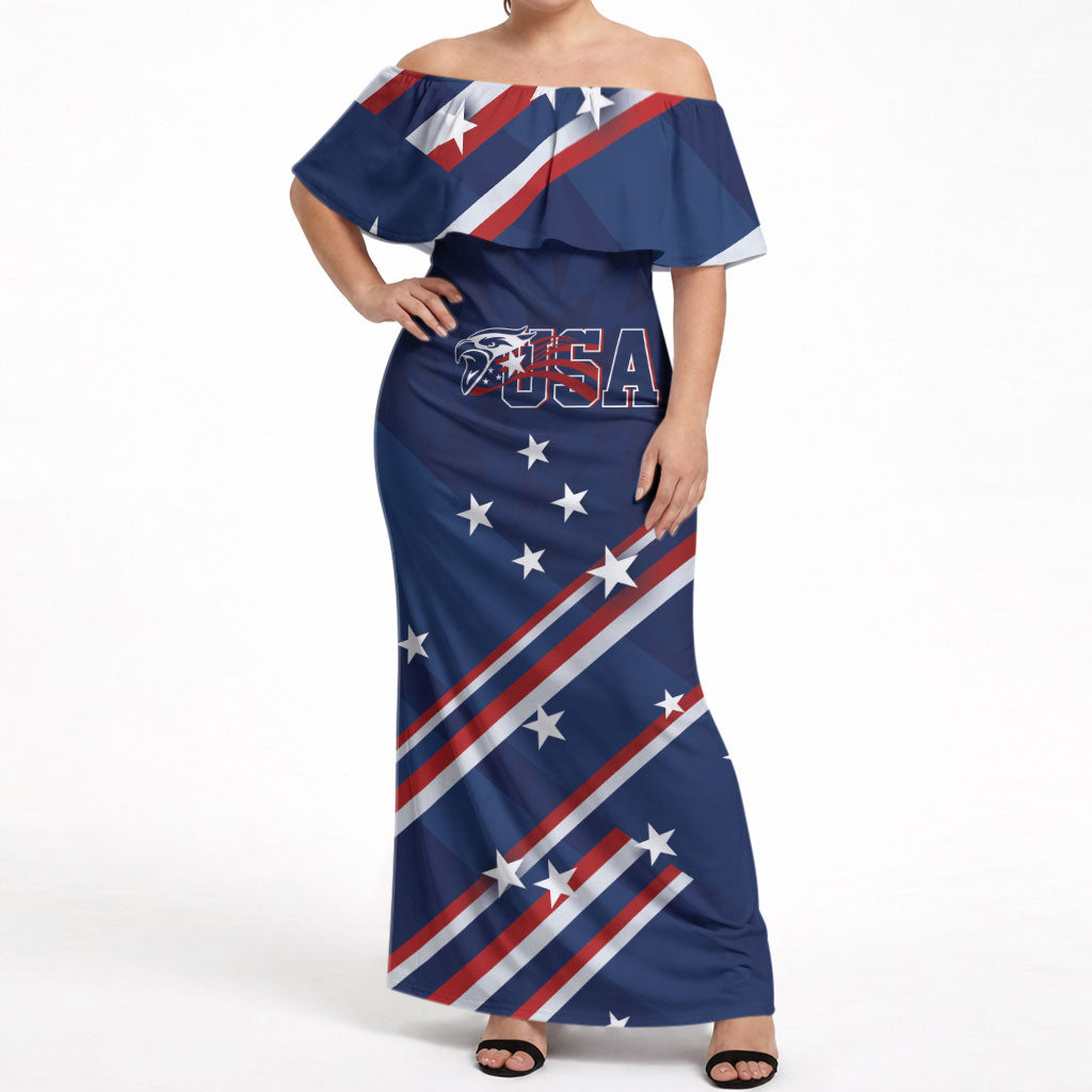 USA Custom Rugby Stars Motif Off Shoulder Maxi Dress GO Eagles