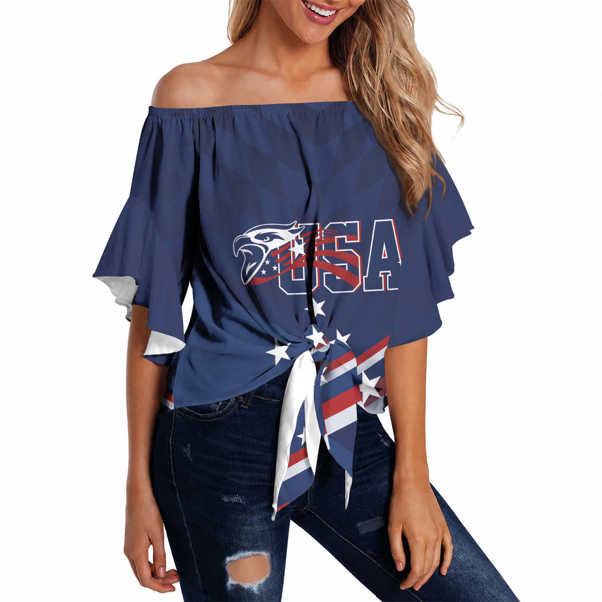 USA Custom Rugby Stars Motif Off Shoulder Wrap Waist Top GO Eagles