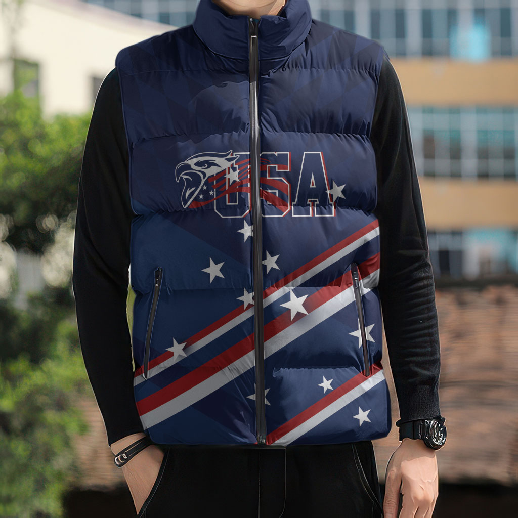 USA Custom Rugby Stars Motif Sleeveless Puffer Jacket GO Eagles