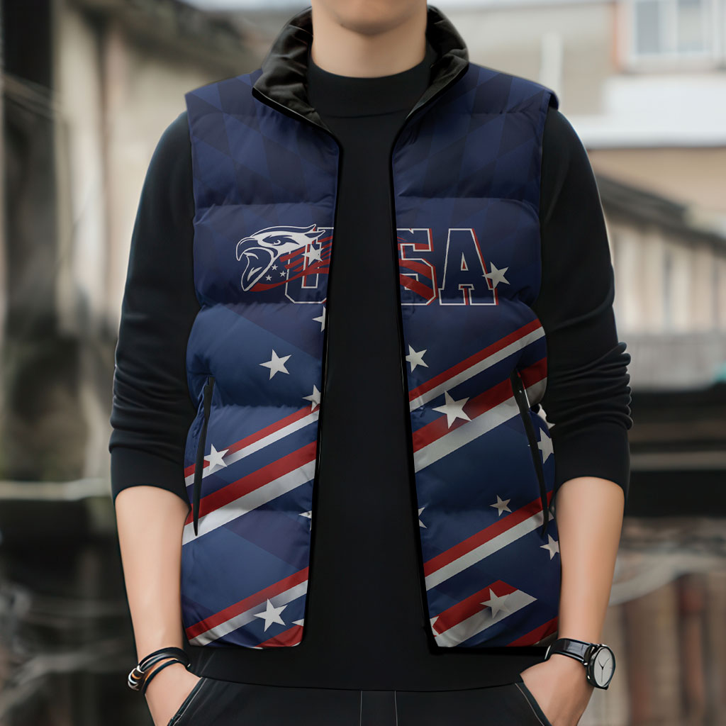 USA Custom Rugby Stars Motif Sleeveless Puffer Jacket GO Eagles