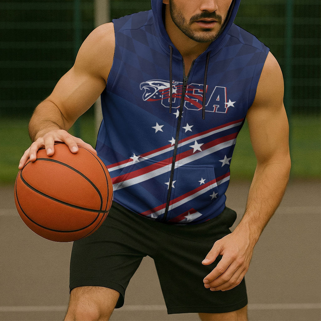 USA Custom Rugby Stars Motif Sleeveless Zip Hoodie GO Eagles