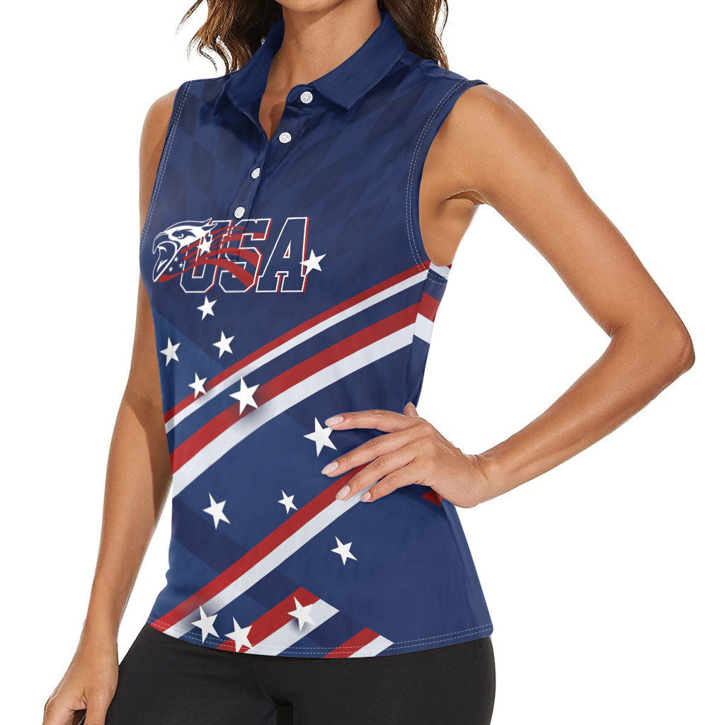 USA Custom Rugby Stars Motif Women Sleeveless Polo Shirt GO Eagles