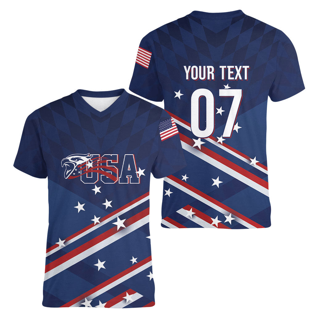 USA Custom Rugby Stars Motif Women V-Neck T-Shirt GO Eagles