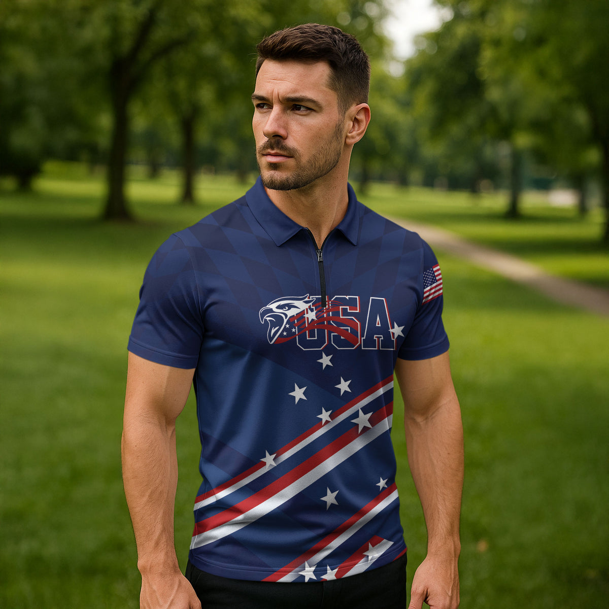 USA Custom Rugby Stars Motif Zipper Polo Shirt GO Eagles