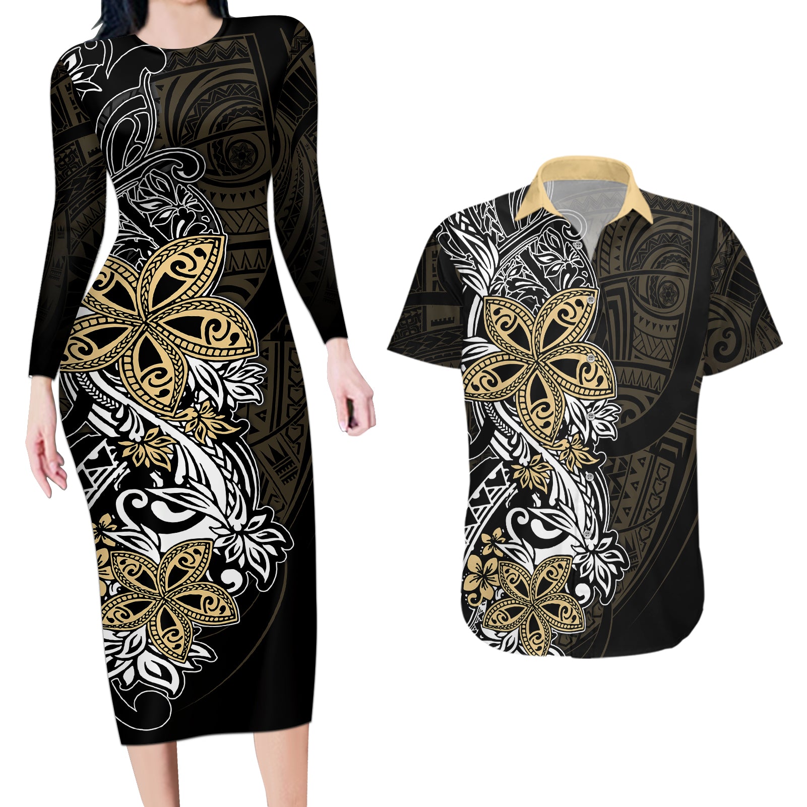 Polynesian Pride Couples Matching Long Sleeve Bodycon Dress and Hawaiian Shirt Tiare With Plumeria Mix Style LT7 - Wonder Print Shop