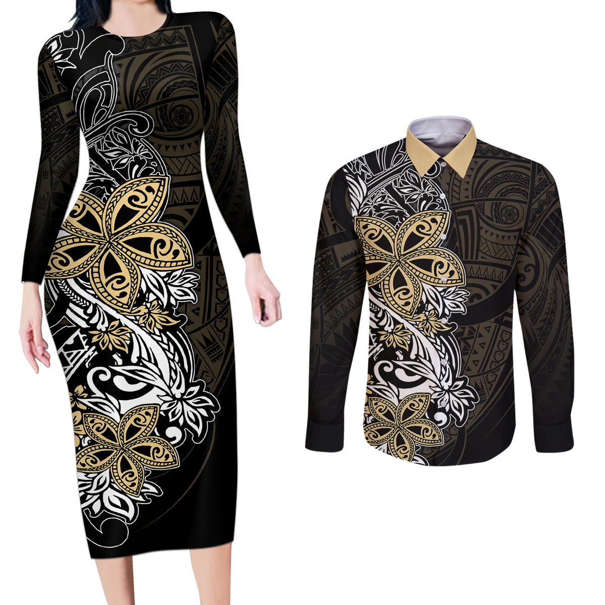 Polynesian Pride Couples Matching Long Sleeve Bodycon Dress and Long Sleeve Button Shirts Tiare With Plumeria Mix Style LT7 - Wonder Print Shop