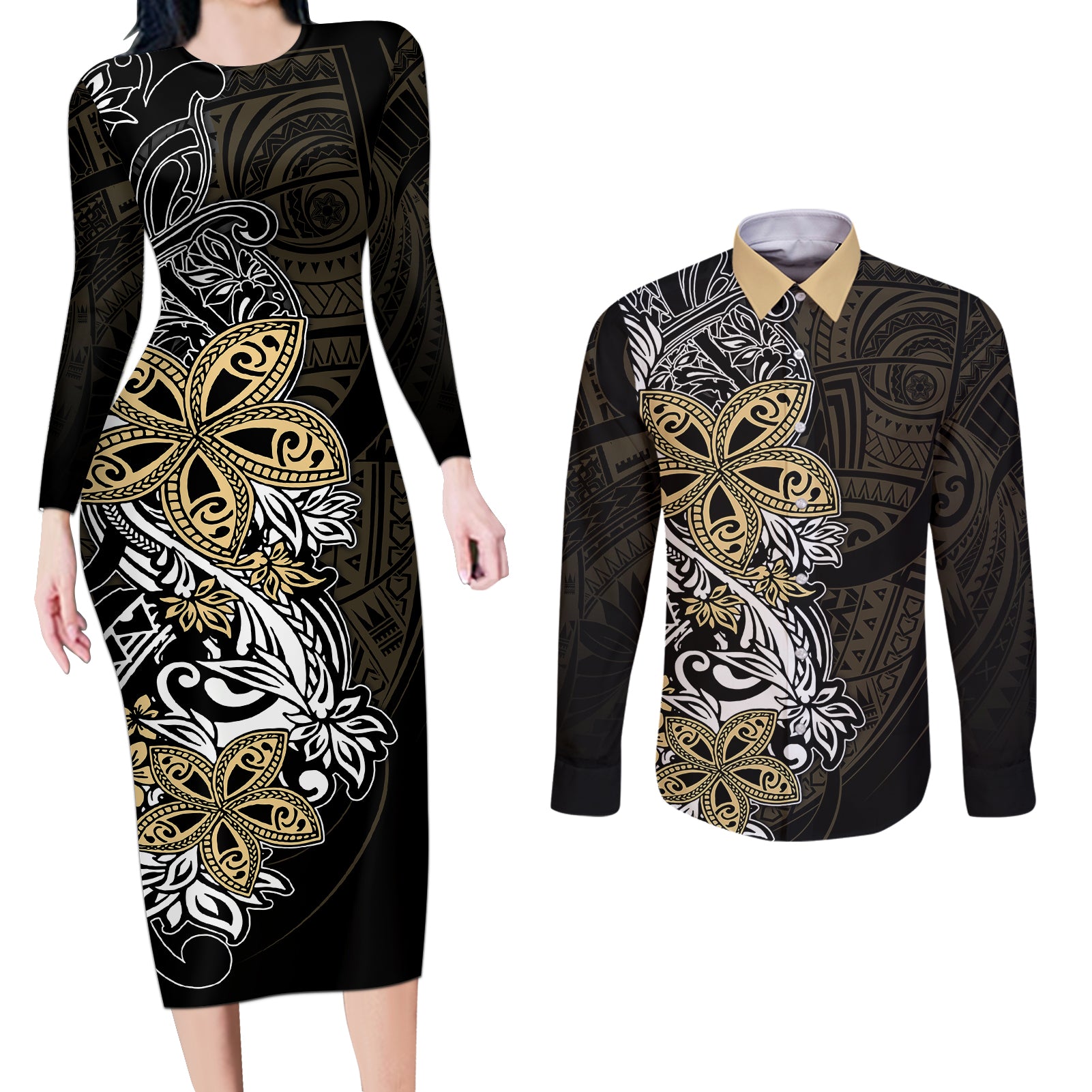 Polynesian Pride Couples Matching Long Sleeve Bodycon Dress and Long Sleeve Button Shirts Tiare With Plumeria Mix Style LT7 - Wonder Print Shop