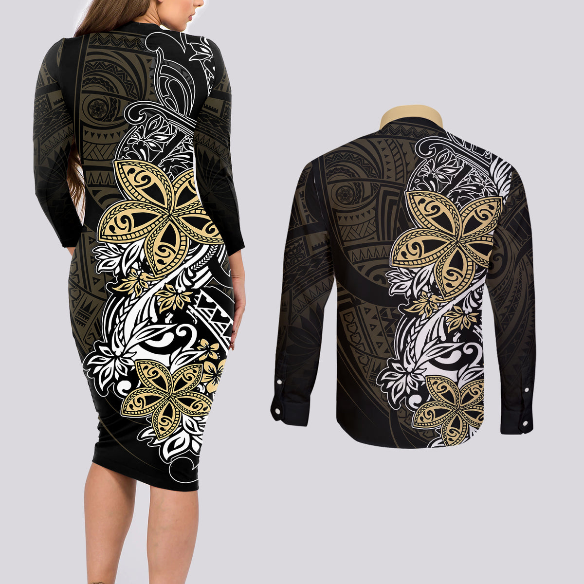 Polynesian Pride Couples Matching Long Sleeve Bodycon Dress and Long Sleeve Button Shirts Tiare With Plumeria Mix Style LT7 - Wonder Print Shop