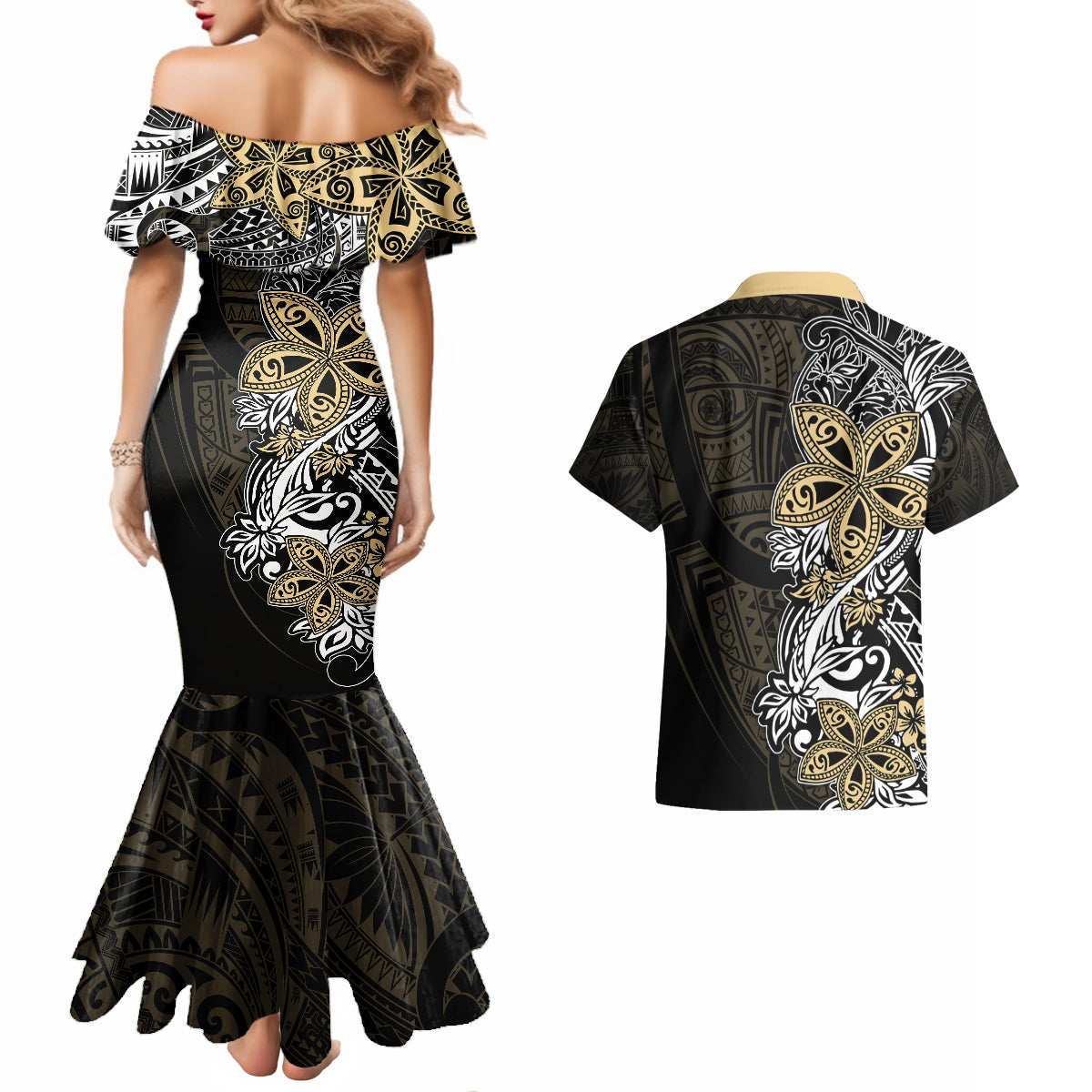 Polynesian Pride Couples Matching Mermaid Dress and Hawaiian Shirt Tiare With Plumeria Mix Style LT7 - Wonder Print Shop