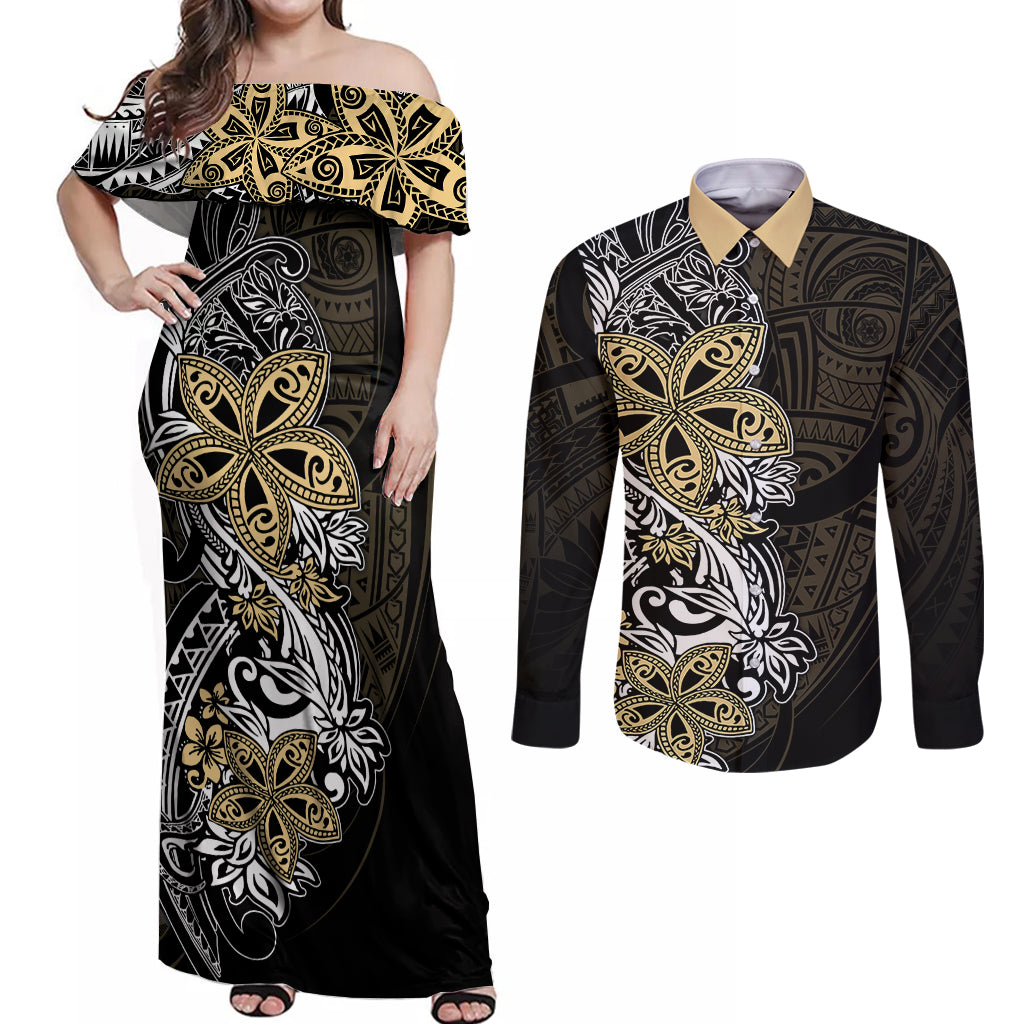Polynesian Pride Couples Matching Off Shoulder Maxi Dress and Long Sleeve Button Shirts Tiare With Plumeria Mix Style LT7 - Wonder Print Shop
