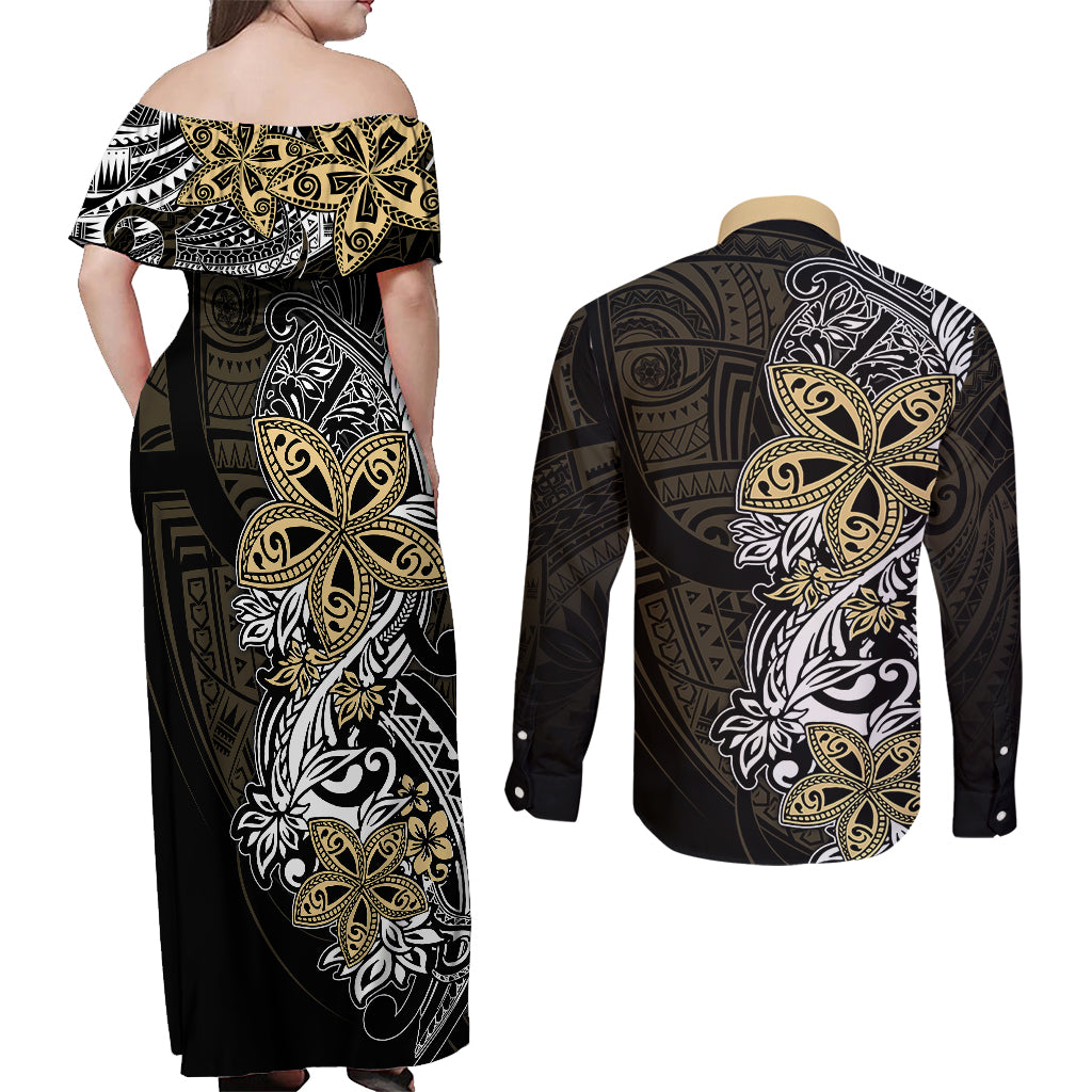 Polynesian Pride Couples Matching Off Shoulder Maxi Dress and Long Sleeve Button Shirts Tiare With Plumeria Mix Style LT7 - Wonder Print Shop