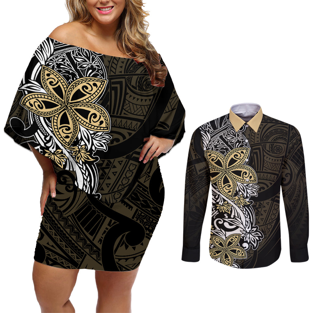 Polynesian Pride Couples Matching Off Shoulder Short Dress and Long Sleeve Button Shirts Tiare With Plumeria Mix Style LT7 - Wonder Print Shop