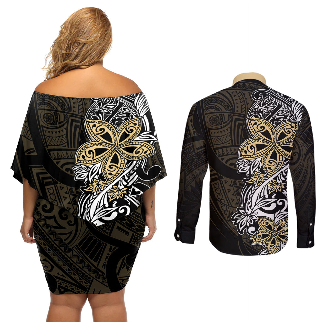 Polynesian Pride Couples Matching Off Shoulder Short Dress and Long Sleeve Button Shirts Tiare With Plumeria Mix Style LT7 - Wonder Print Shop