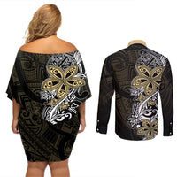 Polynesian Pride Couples Matching Off Shoulder Short Dress and Long Sleeve Button Shirts Tiare With Plumeria Mix Style LT7 - Wonder Print Shop