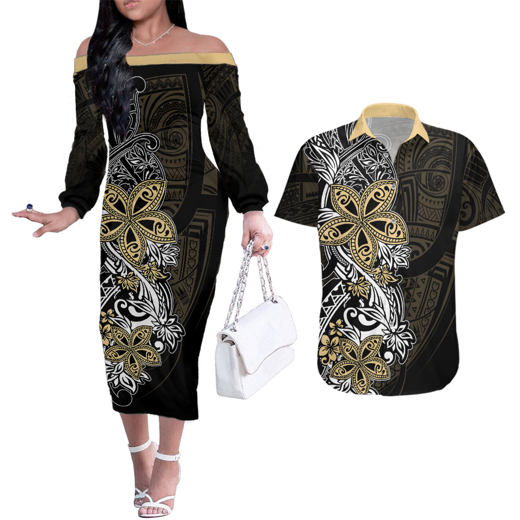 Polynesian Pride Couples Matching Off The Shoulder Long Sleeve Dress and Hawaiian Shirt Tiare With Plumeria Mix Style LT7 - Wonder Print Shop