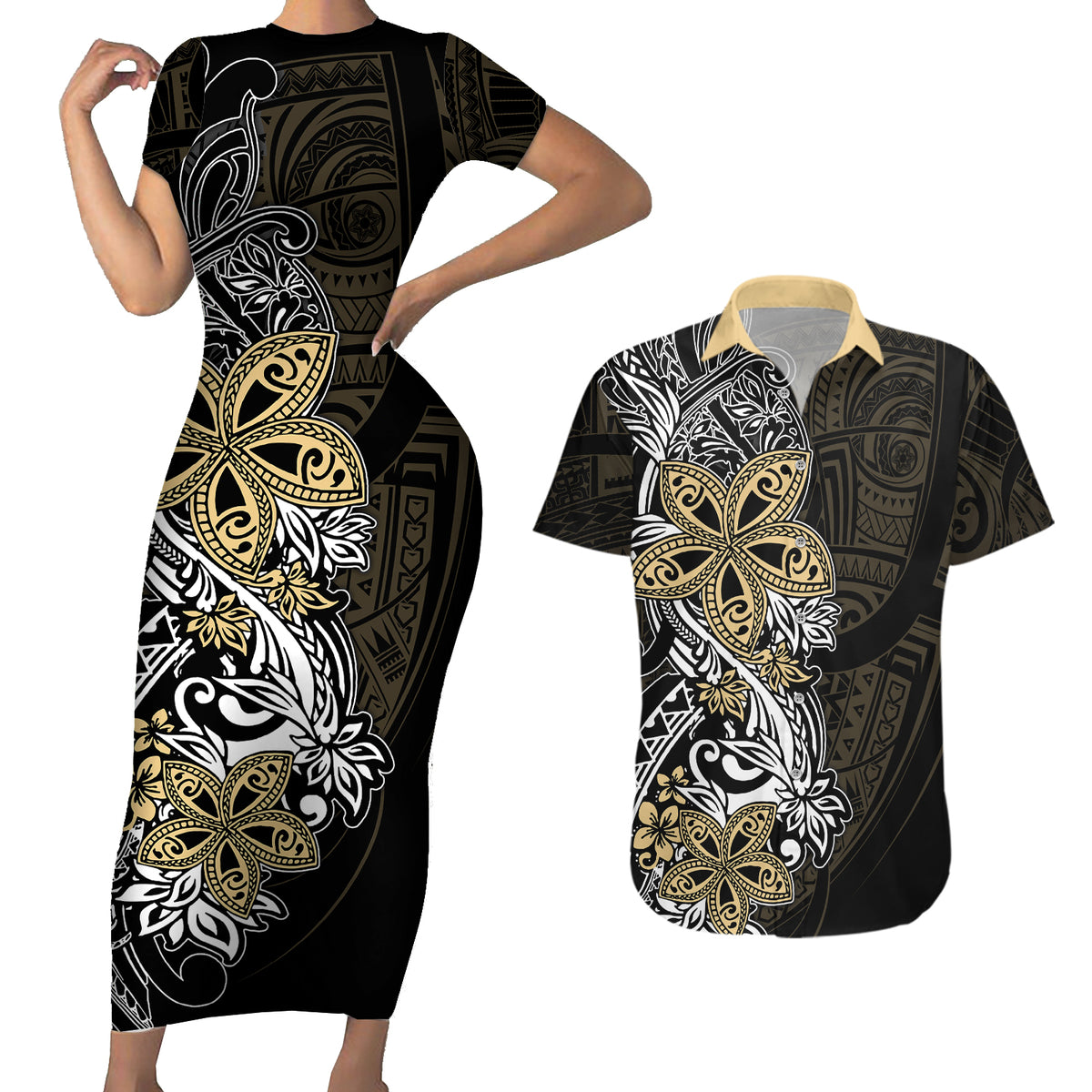 Polynesian Pride Couples Matching Short Sleeve Bodycon Dress and Hawaiian Shirt Tiare With Plumeria Mix Style LT7 - Wonder Print Shop