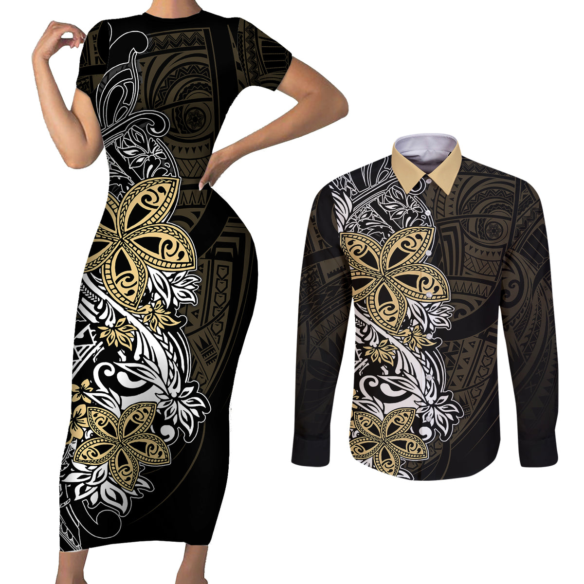 Polynesian Pride Couples Matching Short Sleeve Bodycon Dress and Long Sleeve Button Shirts Tiare With Plumeria Mix Style LT7 - Wonder Print Shop