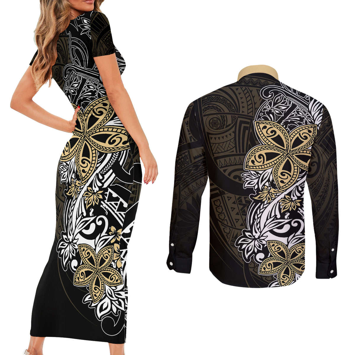 Polynesian Pride Couples Matching Short Sleeve Bodycon Dress and Long Sleeve Button Shirts Tiare With Plumeria Mix Style LT7 - Wonder Print Shop