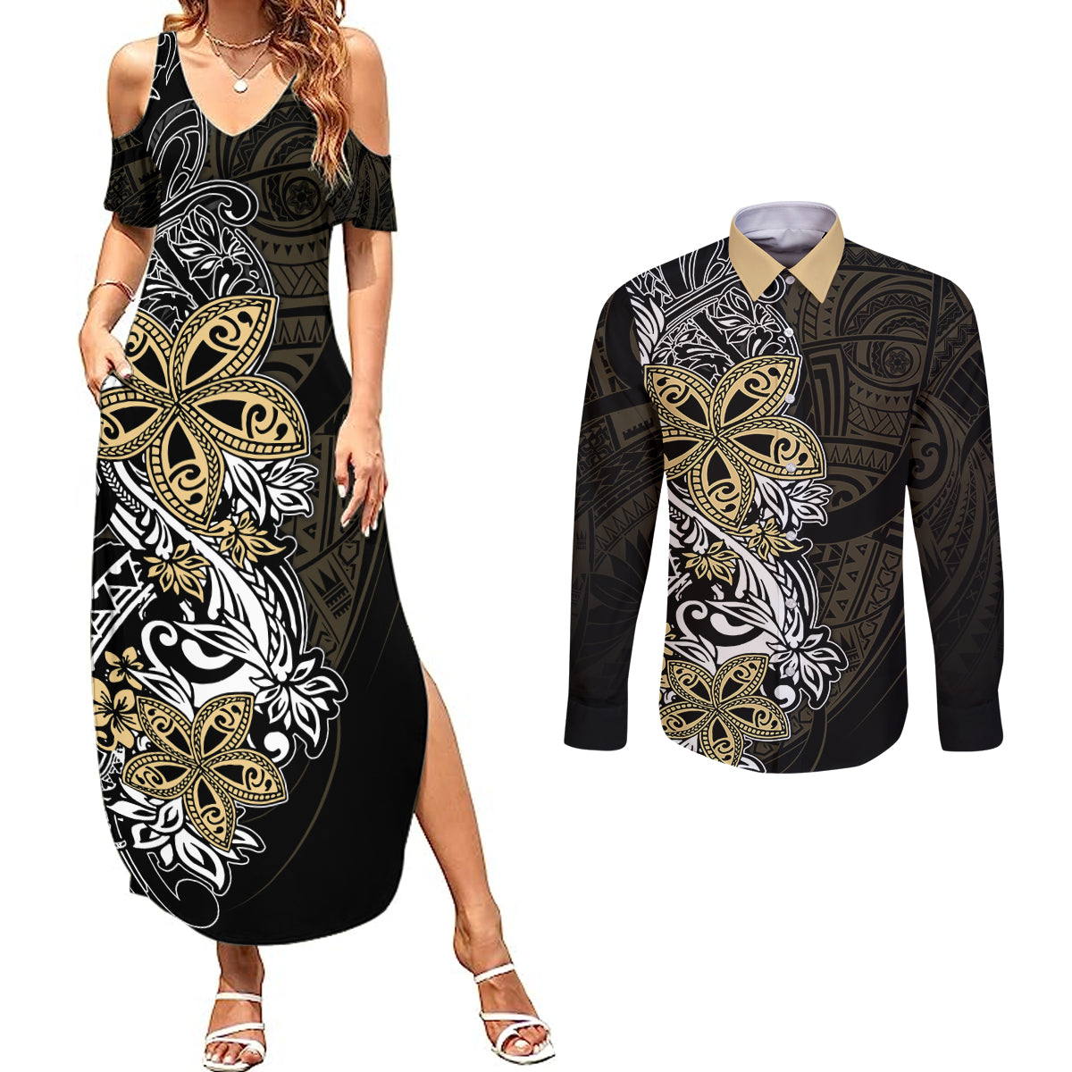 Polynesian Pride Couples Matching Summer Maxi Dress and Long Sleeve Button Shirts Tiare With Plumeria Mix Style LT7 - Wonder Print Shop