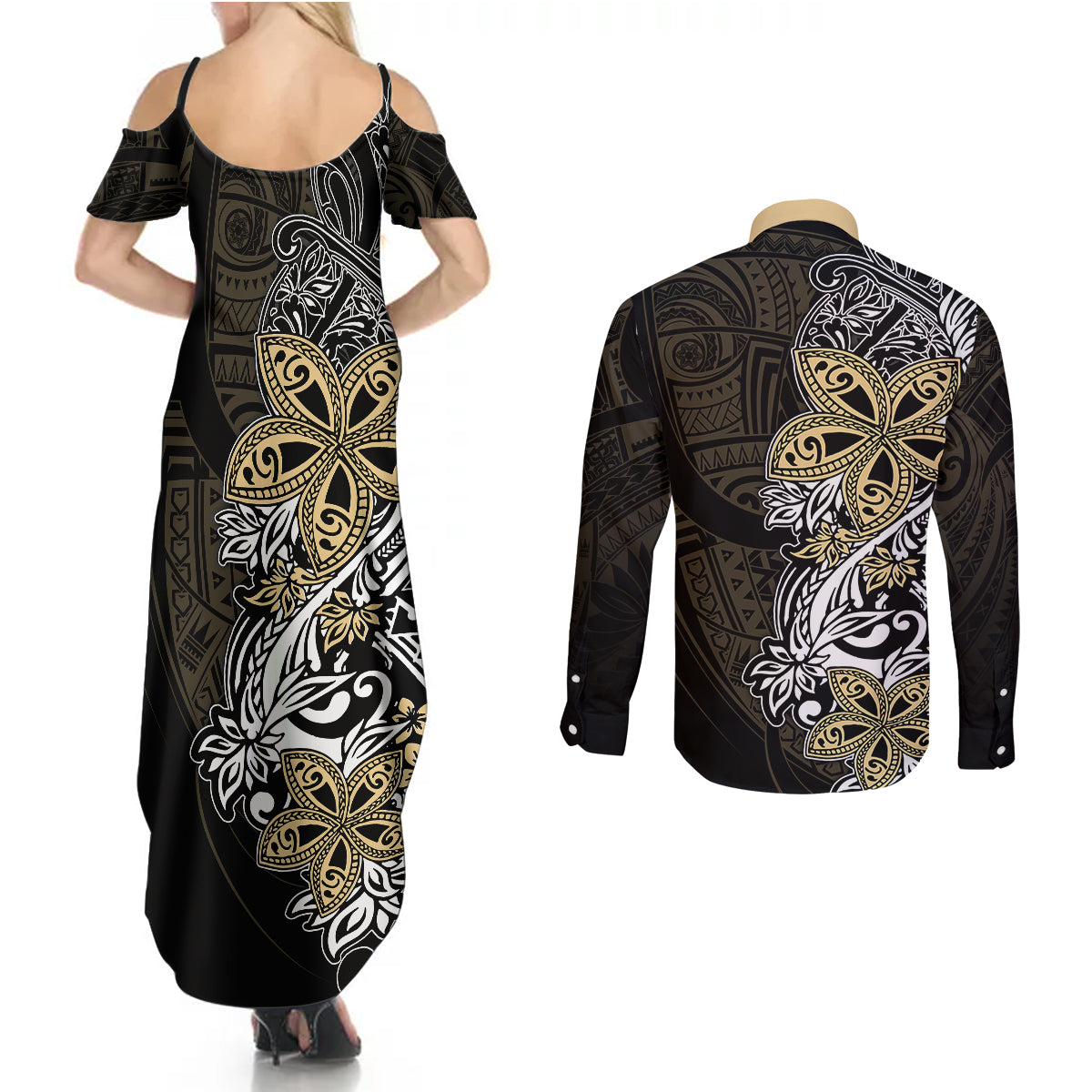 Polynesian Pride Couples Matching Summer Maxi Dress and Long Sleeve Button Shirts Tiare With Plumeria Mix Style LT7 - Wonder Print Shop