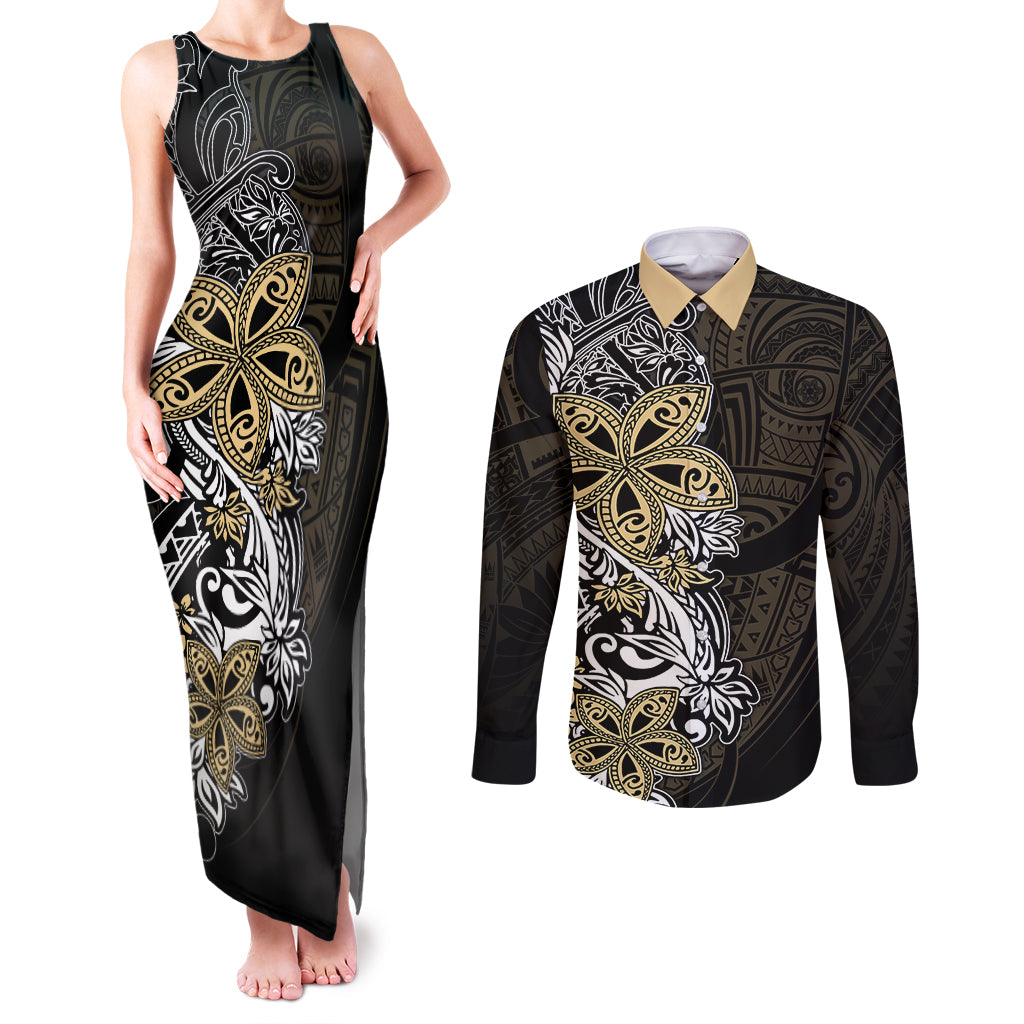 Polynesian Pride Couples Matching Tank Maxi Dress and Long Sleeve Button Shirts Tiare With Plumeria Mix Style LT7 - Wonder Print Shop