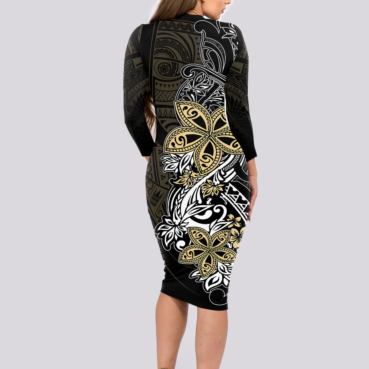 Polynesian Pride Long Sleeve Bodycon Dress Tiare With Plumeria Mix Style - Wonder Print Shop