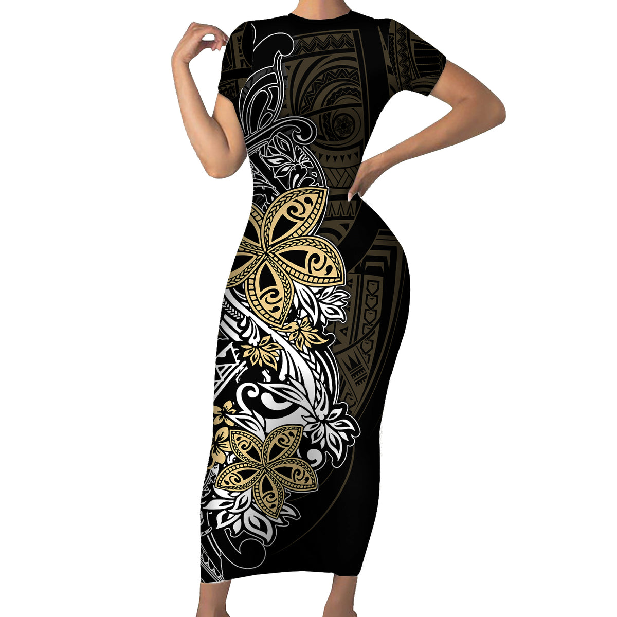Polynesian Pride Short Sleeve Bodycon Dress Tiare With Plumeria Mix Style - Wonder Print Shop