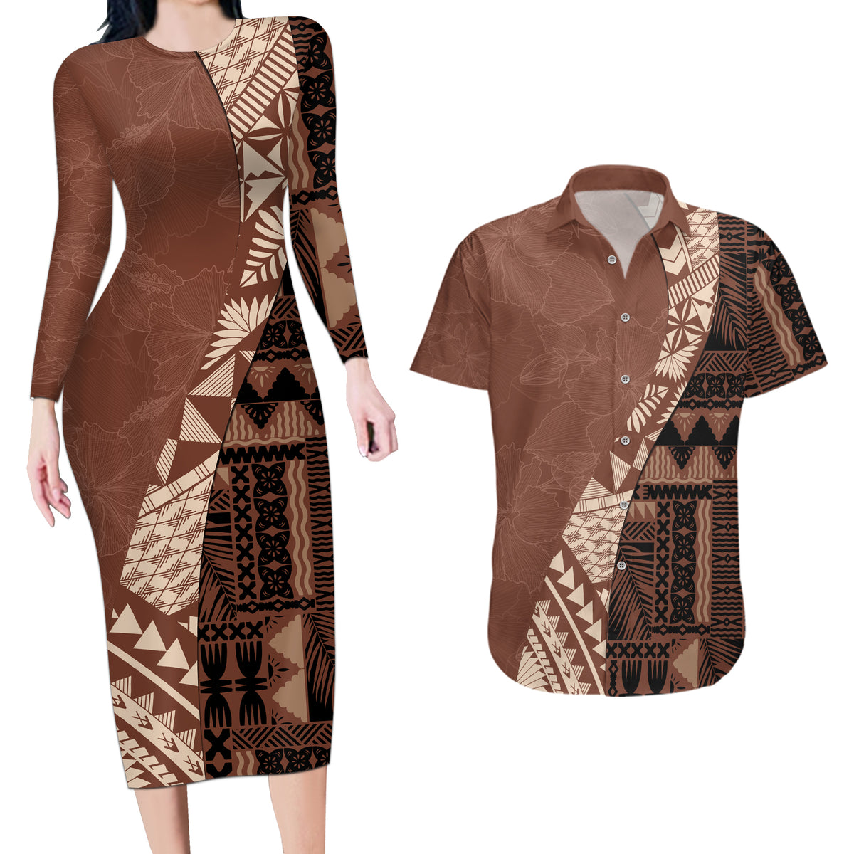 Bula Fiji Couples Matching Long Sleeve Bodycon Dress and Hawaiian Shirt Tribal Masi Tapa - Brown LT7 - Wonder Print Shop