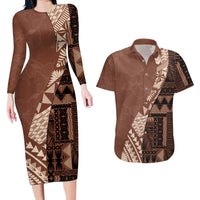Bula Fiji Couples Matching Long Sleeve Bodycon Dress and Hawaiian Shirt Tribal Masi Tapa - Brown LT7 - Wonder Print Shop