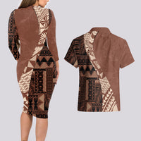Bula Fiji Couples Matching Long Sleeve Bodycon Dress and Hawaiian Shirt Tribal Masi Tapa - Brown LT7 - Wonder Print Shop