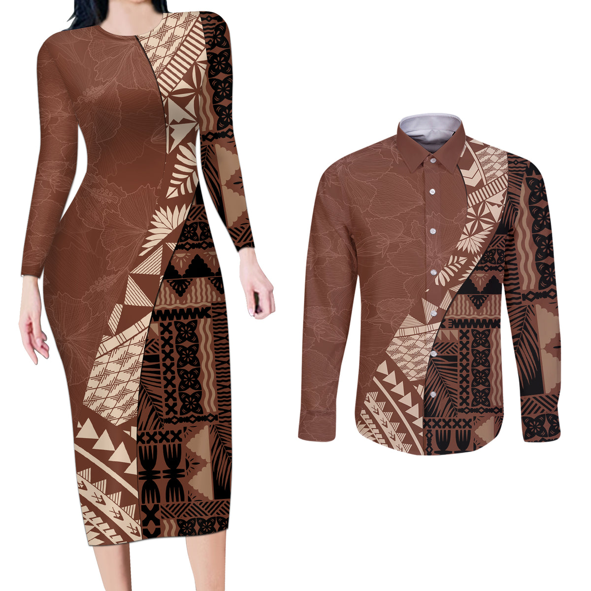 Bula Fiji Couples Matching Long Sleeve Bodycon Dress and Long Sleeve Button Shirt Tribal Masi Tapa - Brown LT7 - Wonder Print Shop