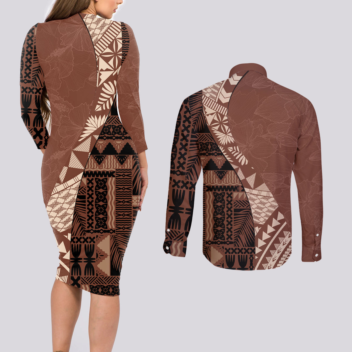 Bula Fiji Couples Matching Long Sleeve Bodycon Dress and Long Sleeve Button Shirt Tribal Masi Tapa - Brown LT7 - Wonder Print Shop
