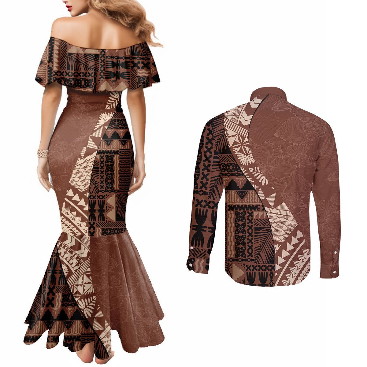 bula-fiji-couples-matching-mermaid-dress-and-long-sleeve-button-shirt-tribal-masi-tapa-brown
