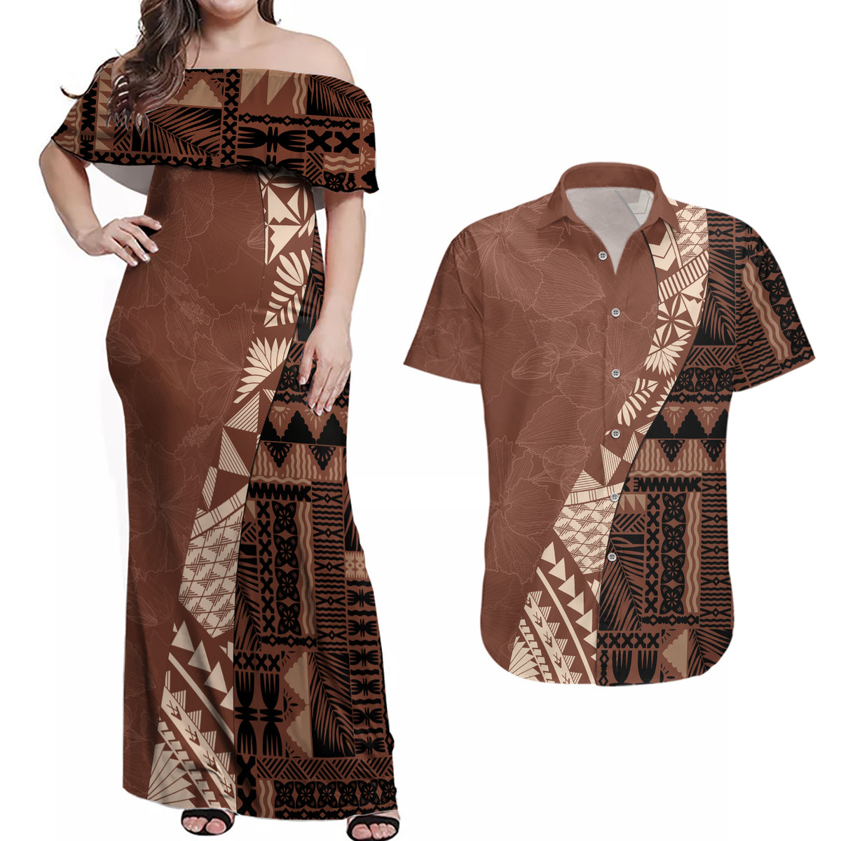 Bula Fiji Couples Matching Off Shoulder Maxi Dress and Hawaiian Shirt Tribal Masi Tapa - Brown LT7 - Wonder Print Shop