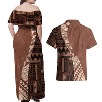 Bula Fiji Couples Matching Off Shoulder Maxi Dress and Hawaiian Shirt Tribal Masi Tapa - Brown LT7 - Wonder Print Shop