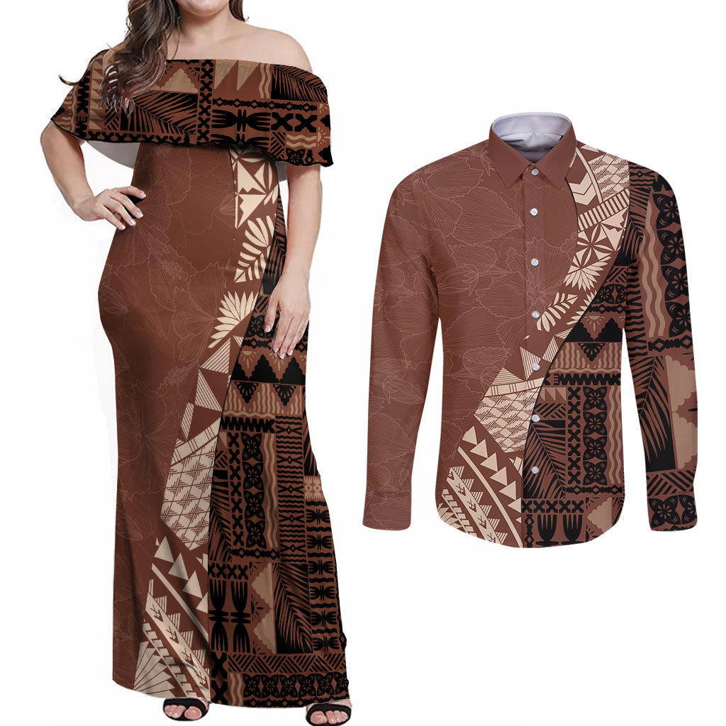 Bula Fiji Couples Matching Off Shoulder Maxi Dress and Long Sleeve Button Shirt Tribal Masi Tapa - Brown LT7 - Wonder Print Shop