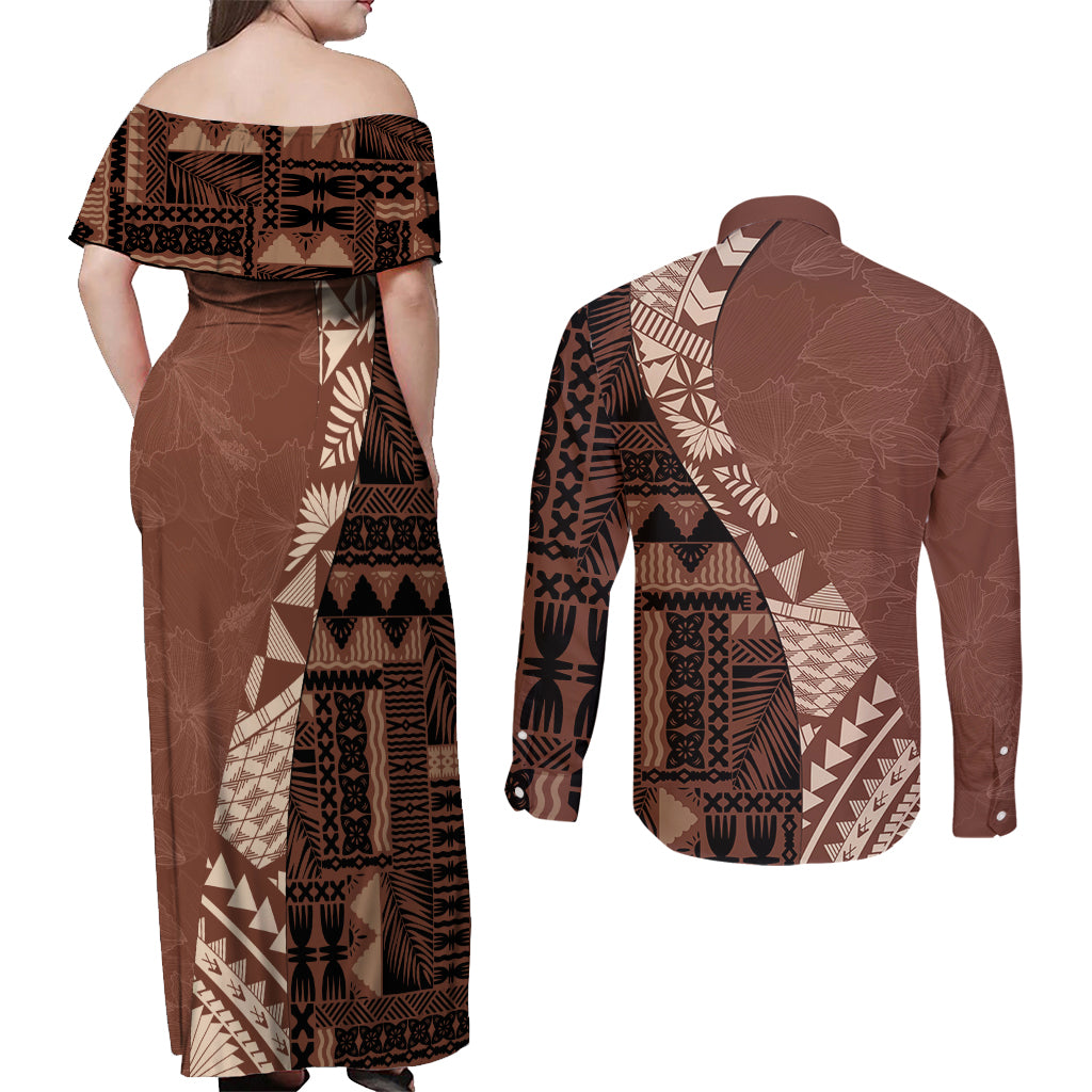 Bula Fiji Couples Matching Off Shoulder Maxi Dress and Long Sleeve Button Shirt Tribal Masi Tapa - Brown LT7 - Wonder Print Shop