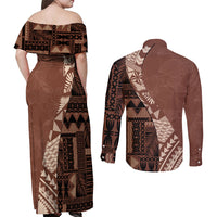 Bula Fiji Couples Matching Off Shoulder Maxi Dress and Long Sleeve Button Shirt Tribal Masi Tapa - Brown LT7 - Wonder Print Shop