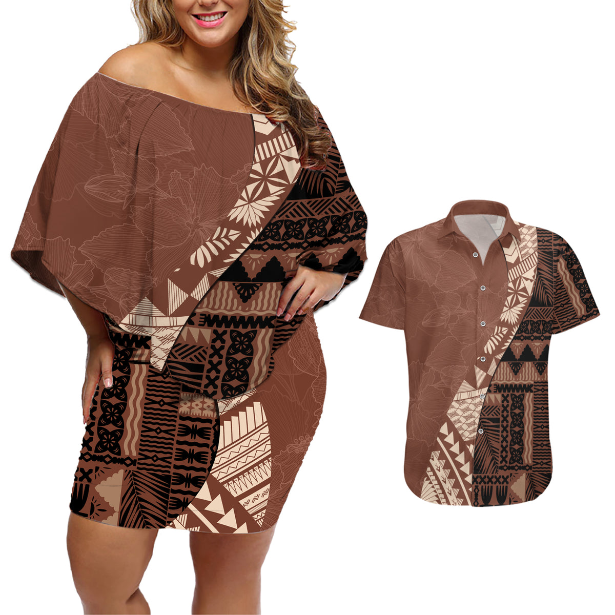 Bula Fiji Couples Matching Off Shoulder Short Dress and Hawaiian Shirt Tribal Masi Tapa - Brown LT7 - Wonder Print Shop