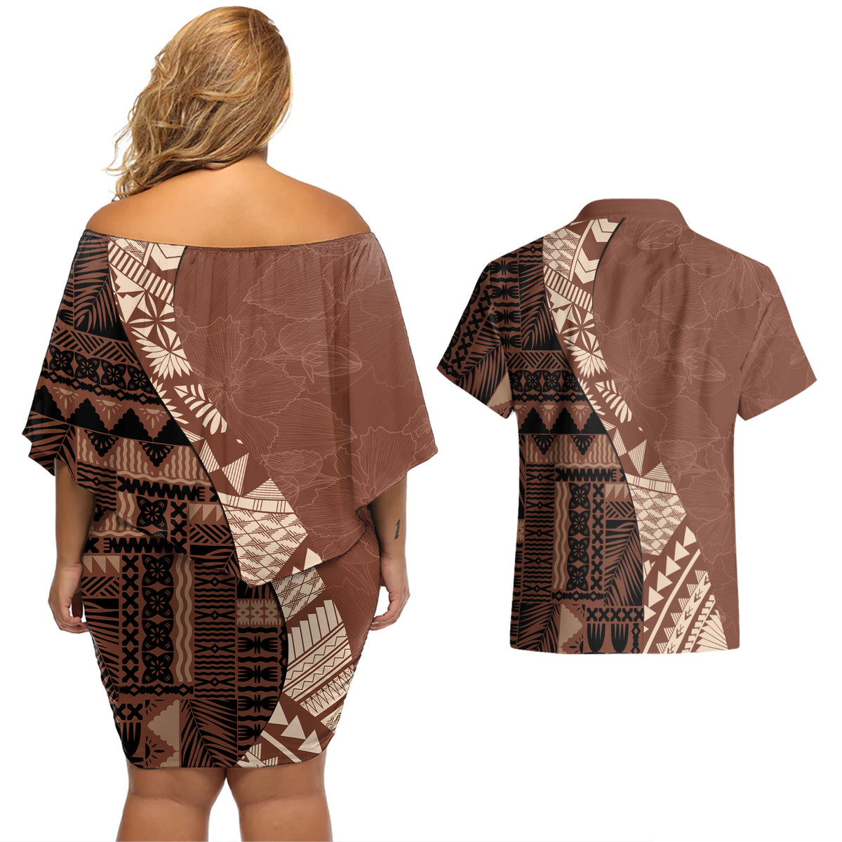 Bula Fiji Couples Matching Off Shoulder Short Dress and Hawaiian Shirt Tribal Masi Tapa - Brown LT7 - Wonder Print Shop
