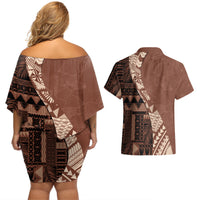 Bula Fiji Couples Matching Off Shoulder Short Dress and Hawaiian Shirt Tribal Masi Tapa - Brown LT7 - Wonder Print Shop