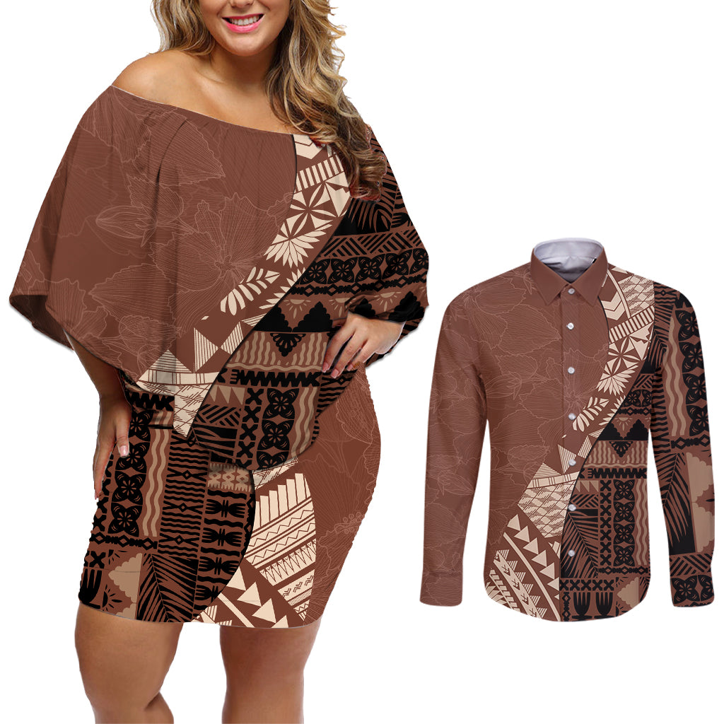 Bula Fiji Couples Matching Off Shoulder Short Dress and Long Sleeve Button Shirt Tribal Masi Tapa - Brown LT7 - Wonder Print Shop