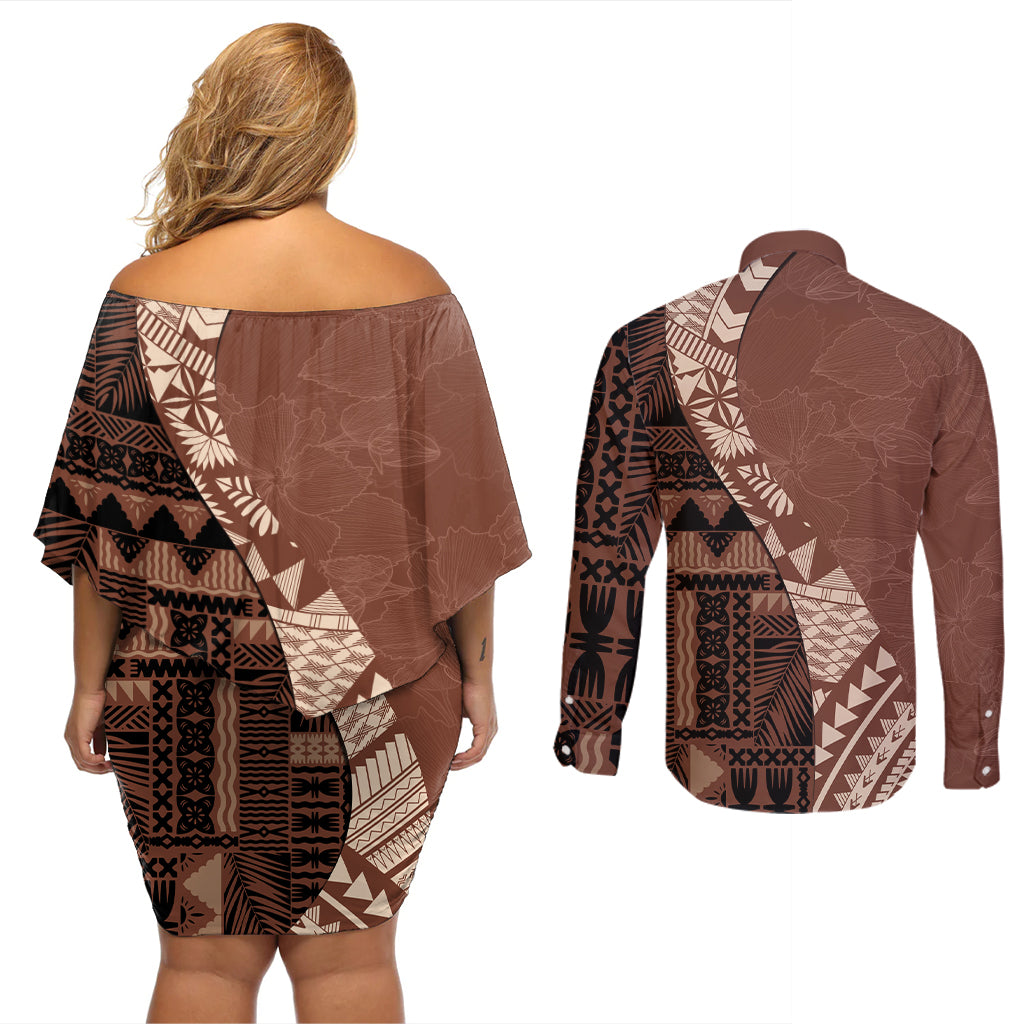 Bula Fiji Couples Matching Off Shoulder Short Dress and Long Sleeve Button Shirt Tribal Masi Tapa - Brown LT7 - Wonder Print Shop